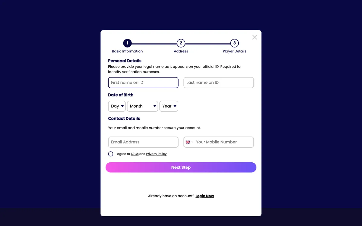 Bingo Games Casino — Sign-up, captured from United Kingdom