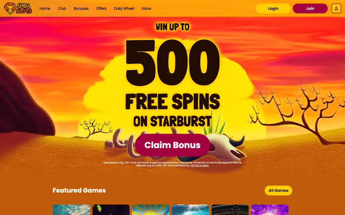 Simba Slots Casino — Sign-up, captured from United Kingdom