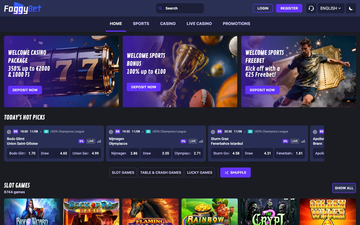 FoggyBet Casino — Home page, captured from Portugal