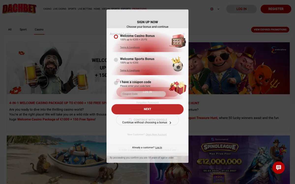 Dachbet Casino — Sign-up, captured from New Zealand