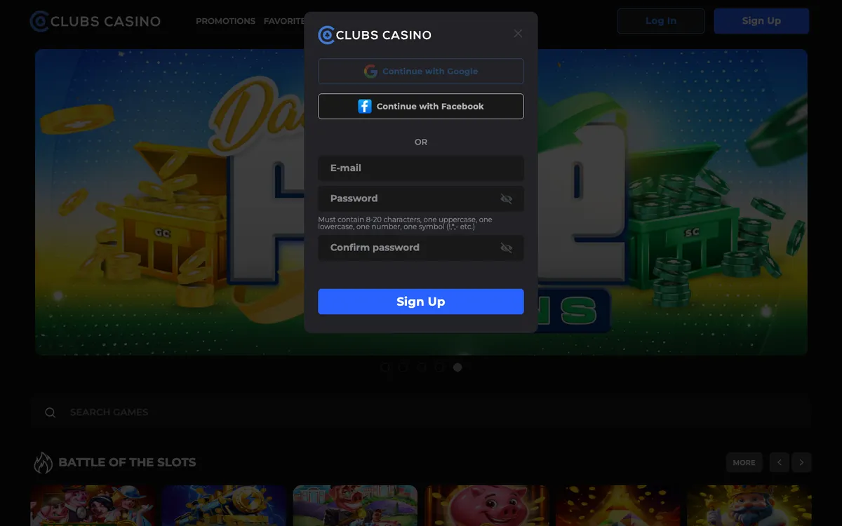 Clubs Casino — Sign-up, captured from United States