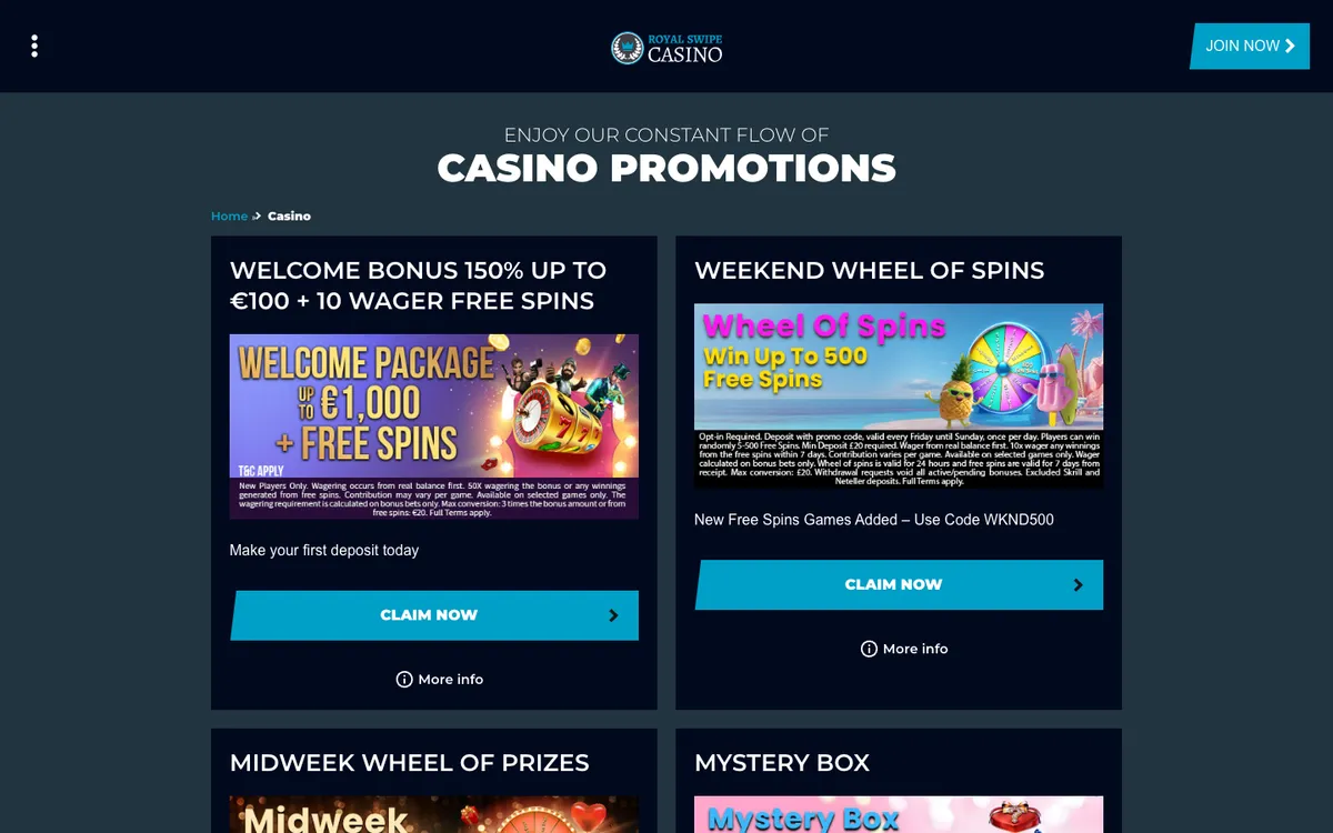 Royal Swipe Casino — «Акции», снято из страны Канада