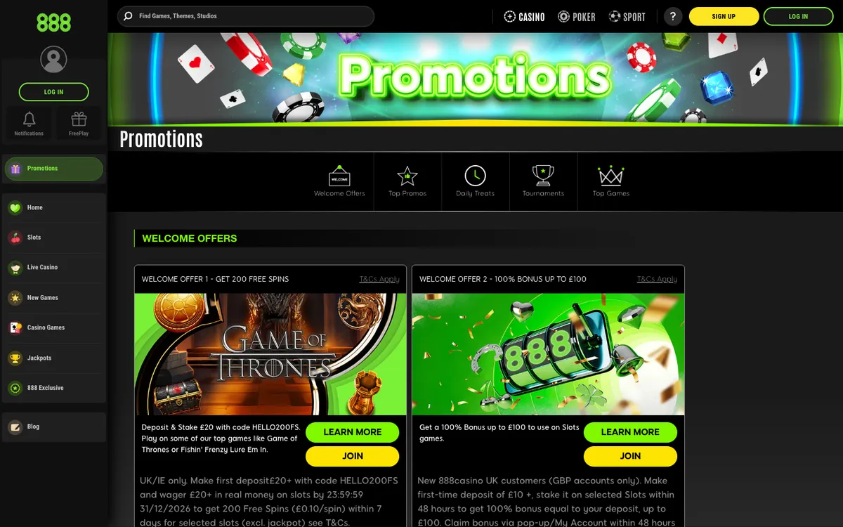 888 UK Casino — Promotions, captured from United Kingdom
