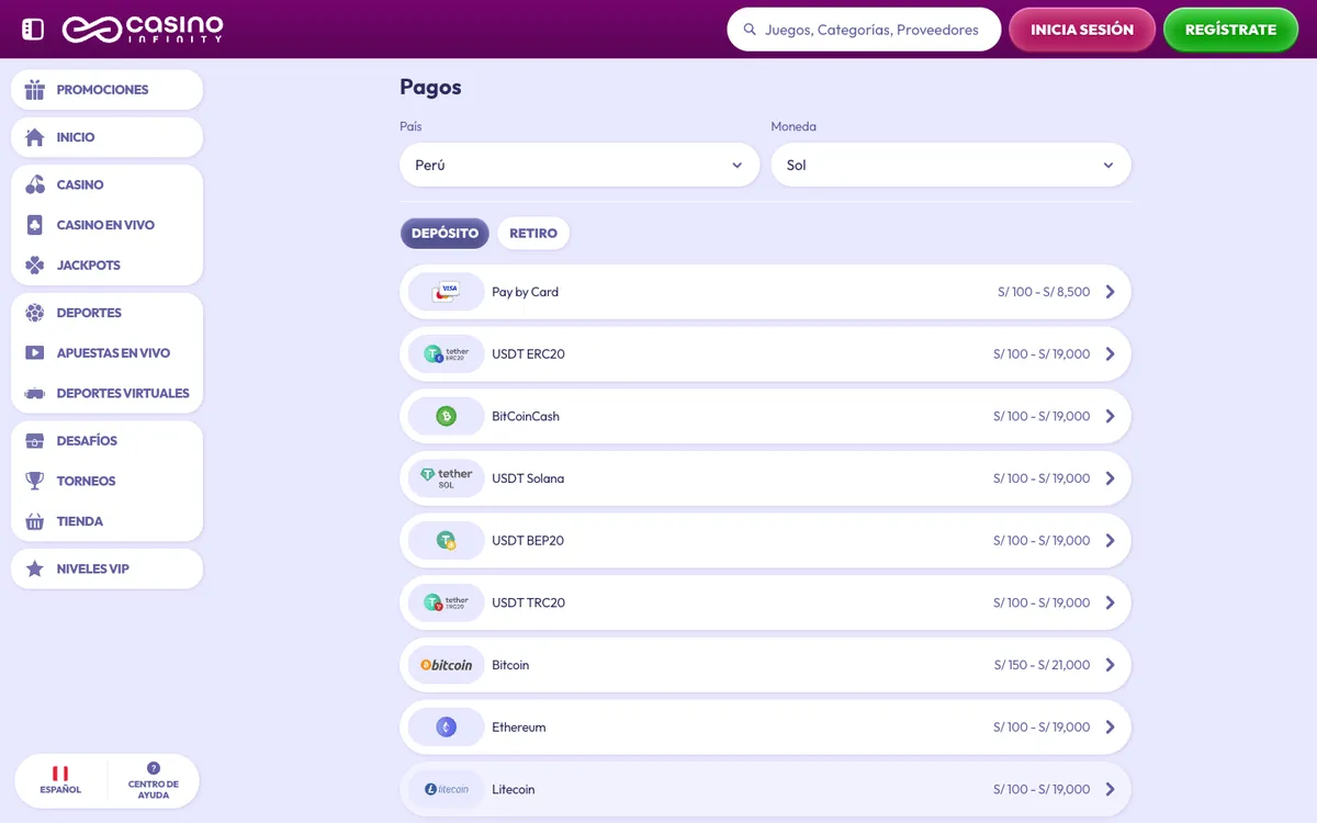 Casino Infinity — «Платежи», снято из страны Перу