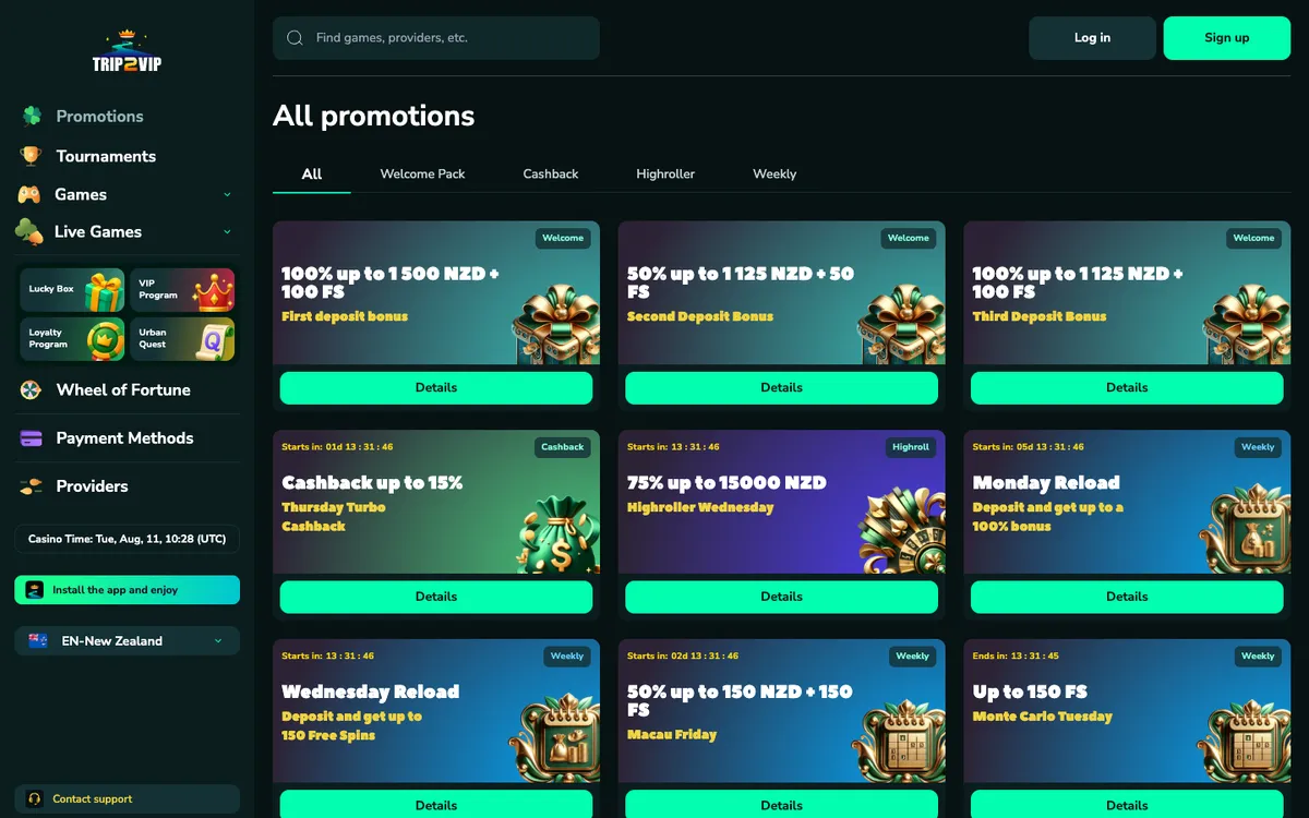 Trip2Vip Casino — «Акции», снято из страны Новая Зеландия