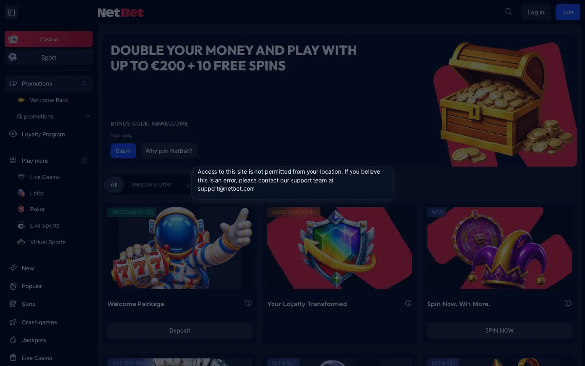NetBet Casino — Promotions, captured from Japan