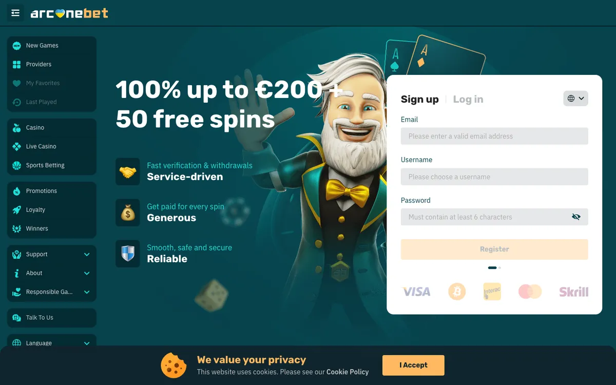 arcanebet Casino — Sign-up, captured from France