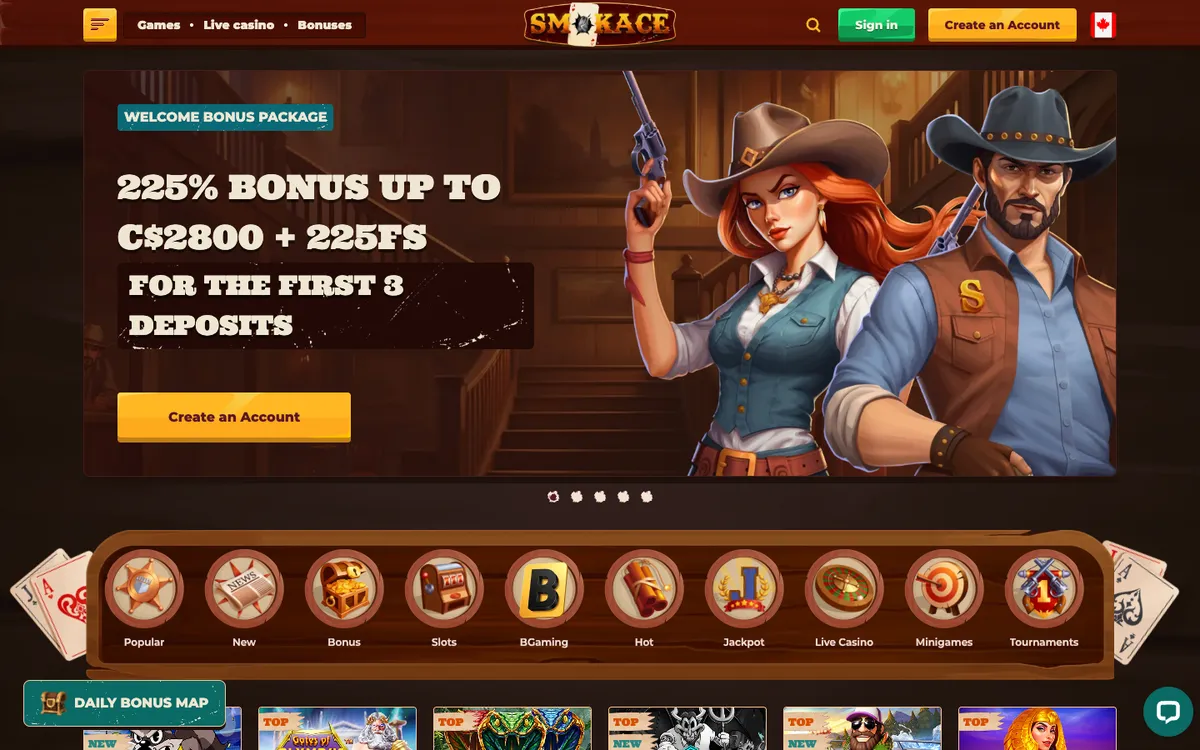 Smokace Casino — Home page, captured from Canada