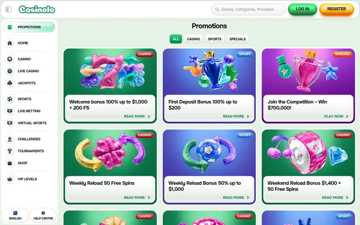 Casinolo Casino — Promotions, captured from New Zealand