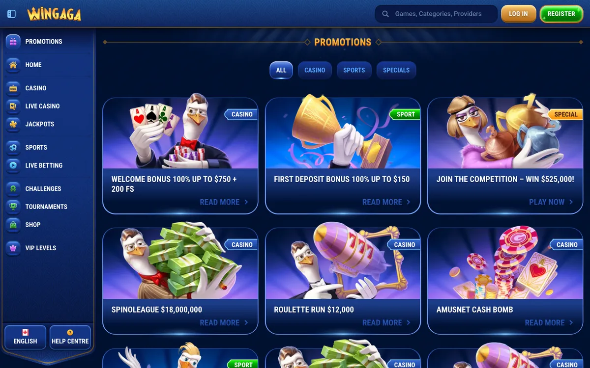 WinGaga Casino — «Акции», снято из страны Канада