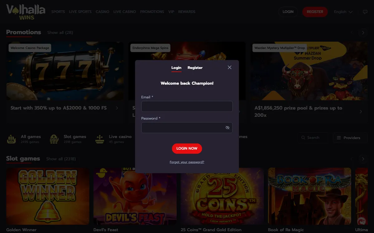 Valhalla Wins Casino — «Регистрация», снято из страны Австралия