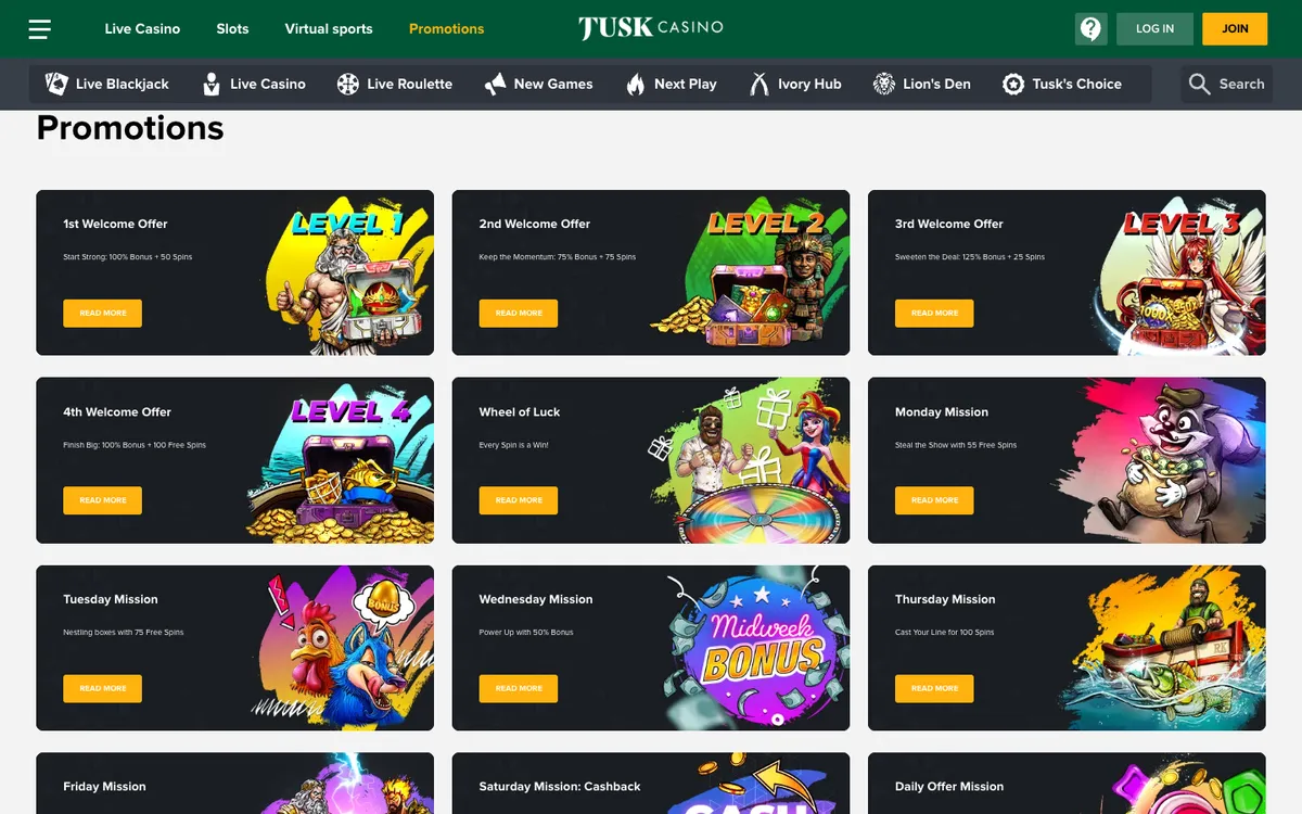 Tusk Casino — Promotions, captured from South Africa