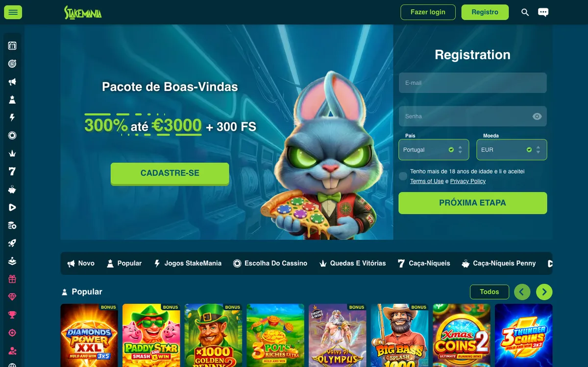 StakeMania Casino — Home page, captured from Portugal