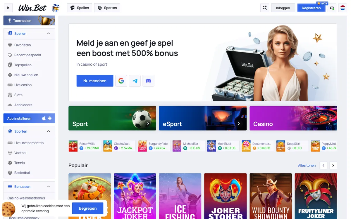 Win.Bet Casino — Home page, captured from Belgium