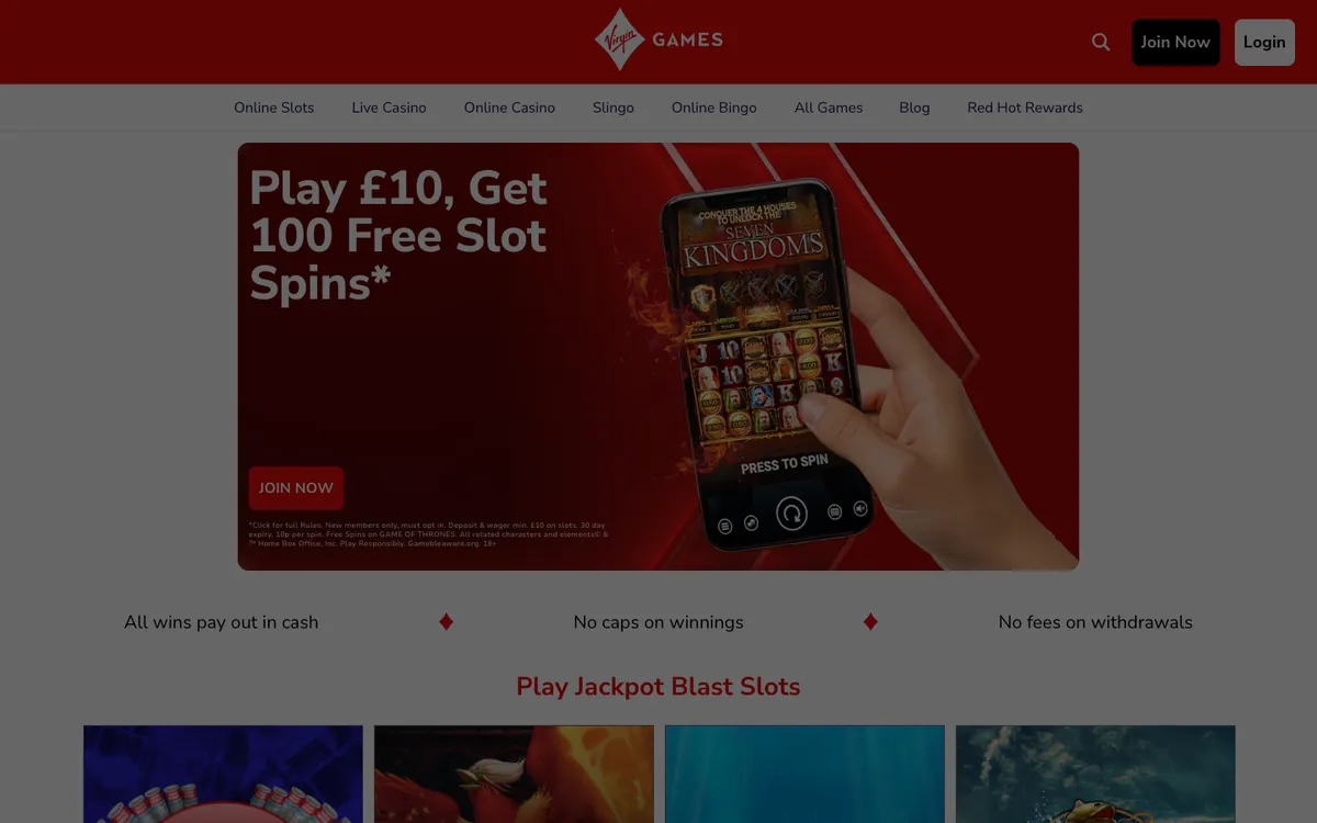 Virgin Games Casino — Home page, captured from United Kingdom