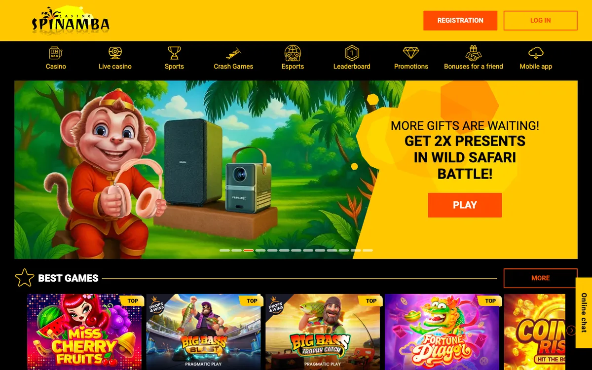 Spinamba Casino — Home page, captured from Brazil