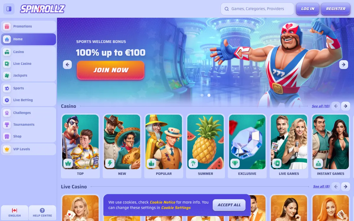 Spinrollz Casino — «Главная», снято из страны Канада