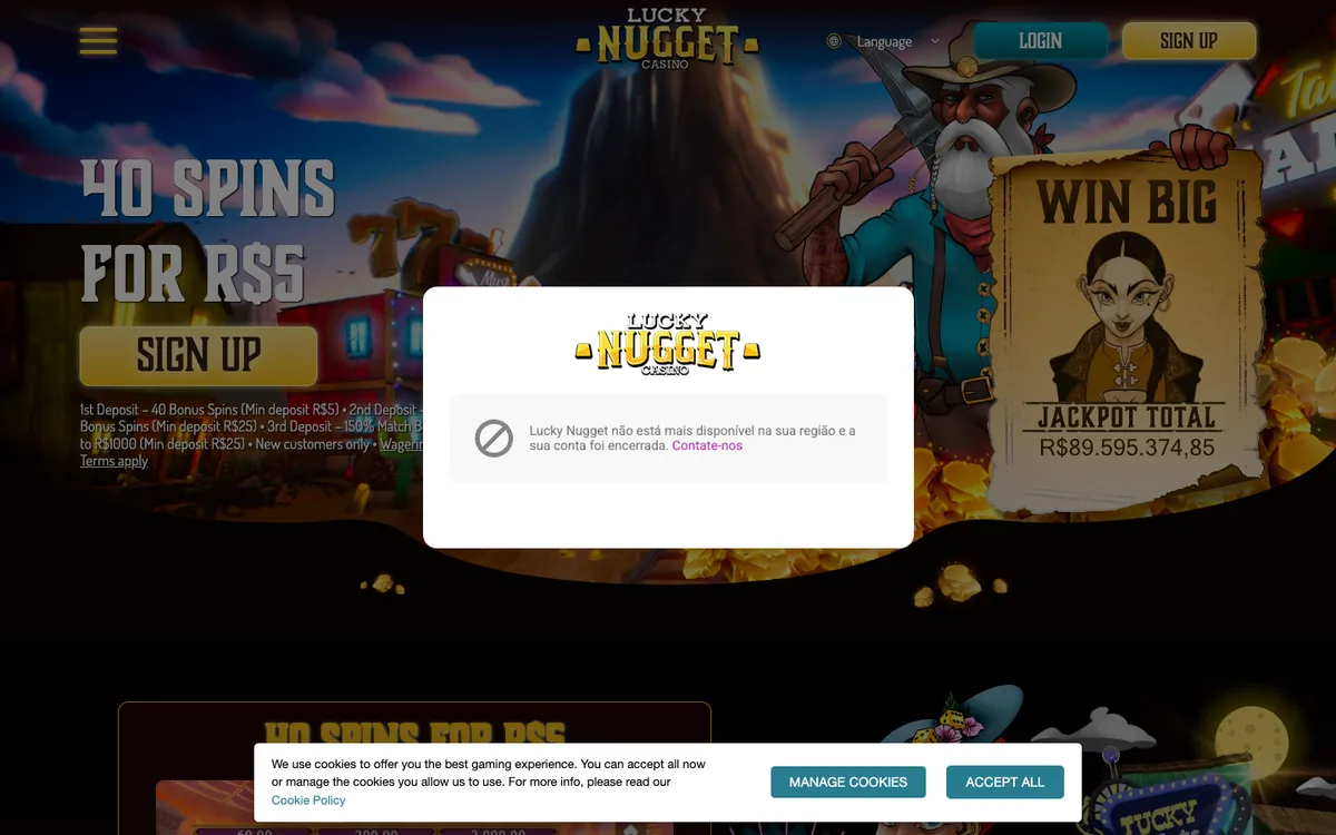 Lucky Nugget Casino — Home page, captured from Brazil