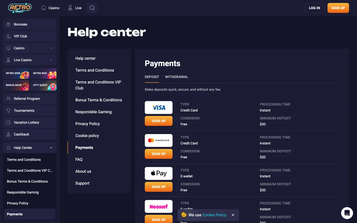 Retro Bet Casino — Payments, captured from Canada