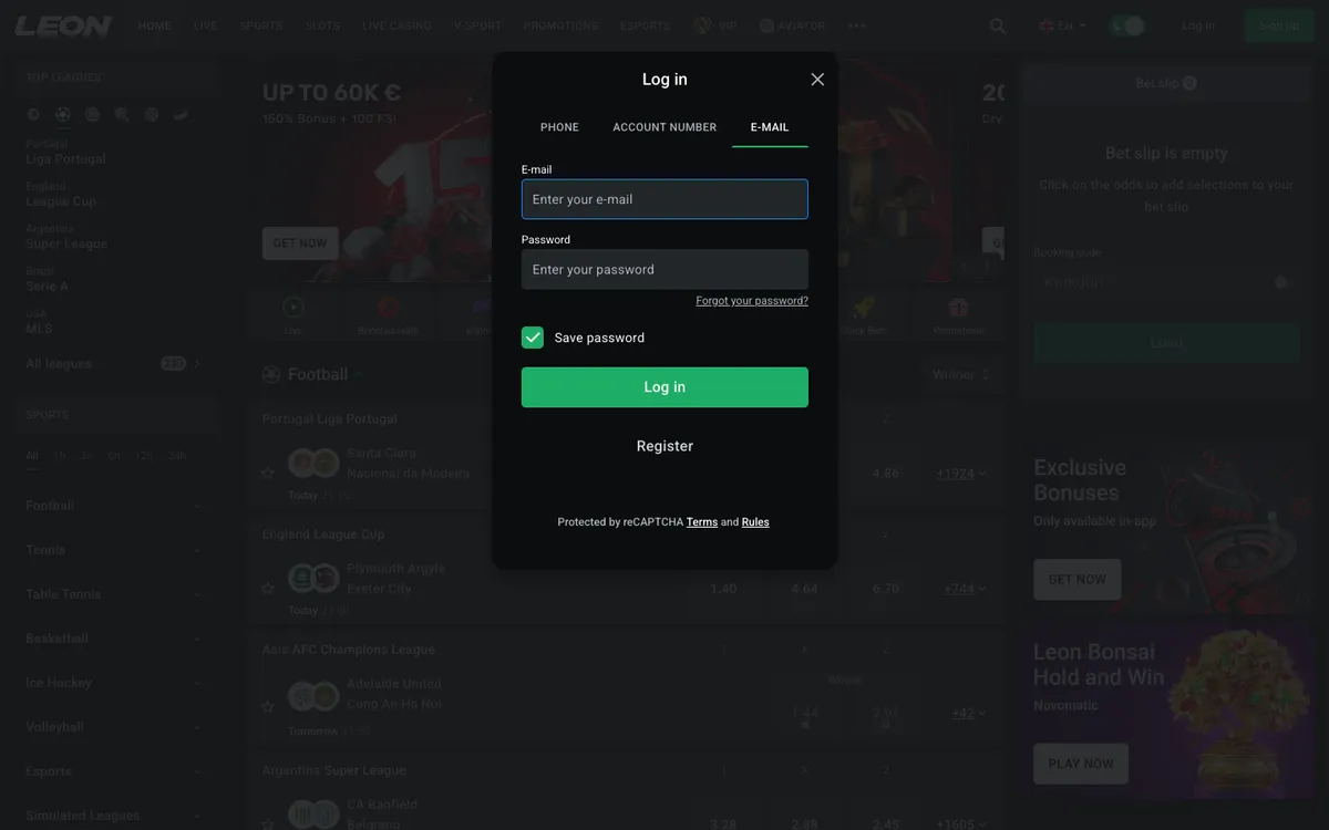Leon Bet Casino — Sign-up, captured from Belgium