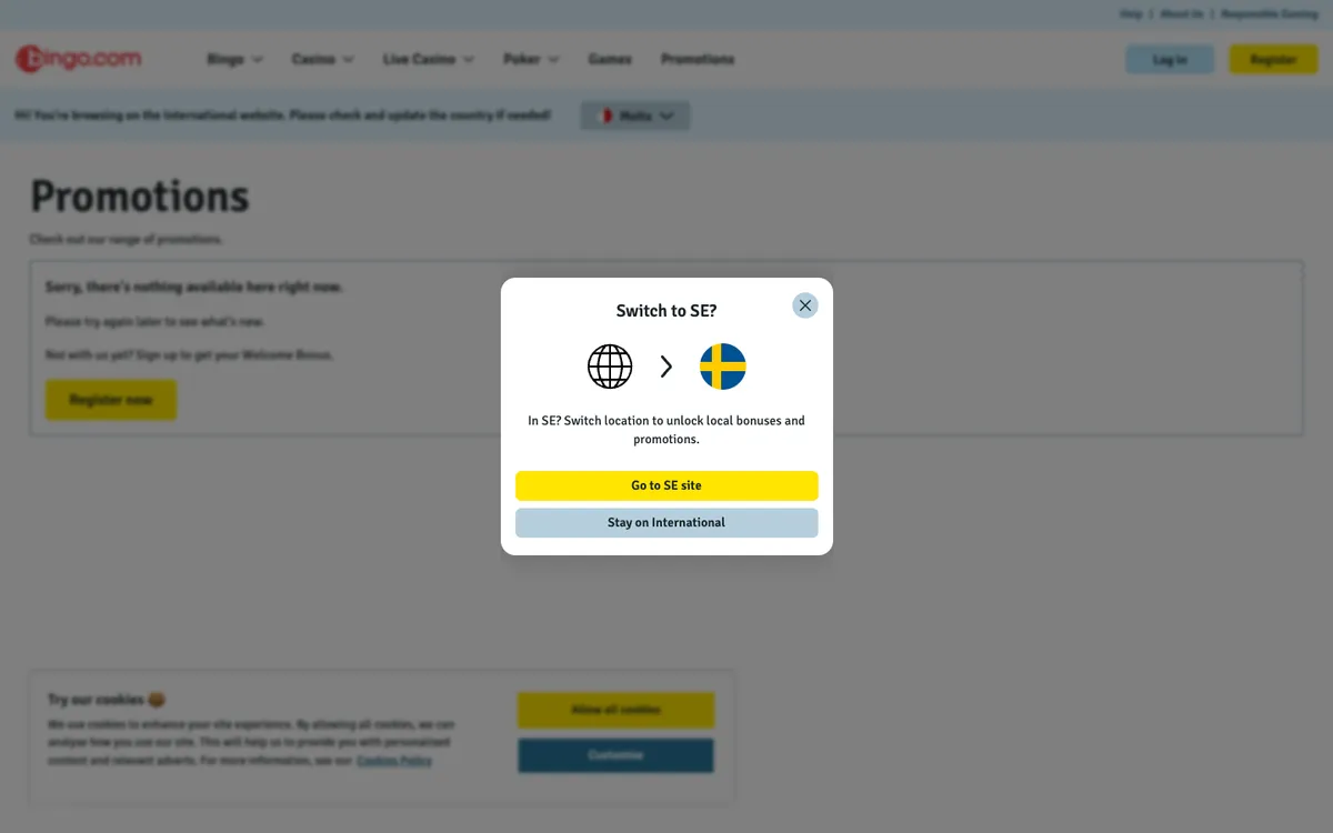 Bingo.com Casino — Promotions, captured from Sweden