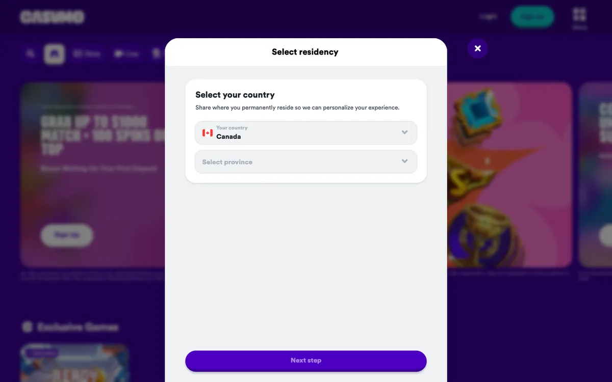 Casumo Casino — Sign-up, captured from Canada