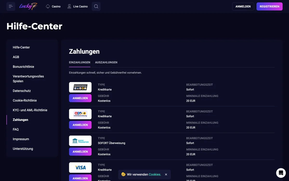 Lucky7even Casino — «Платежи», снято из страны Австрия