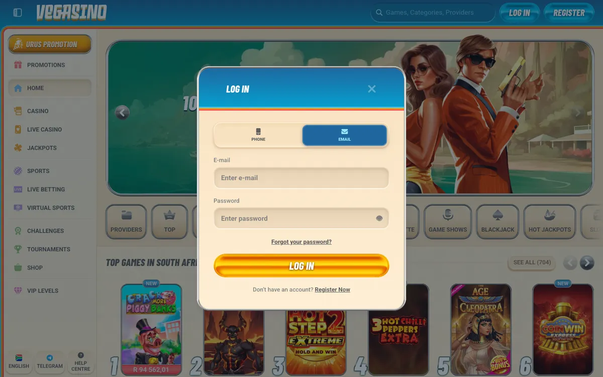 Vegasino Casino — Sign-up, captured from South Africa