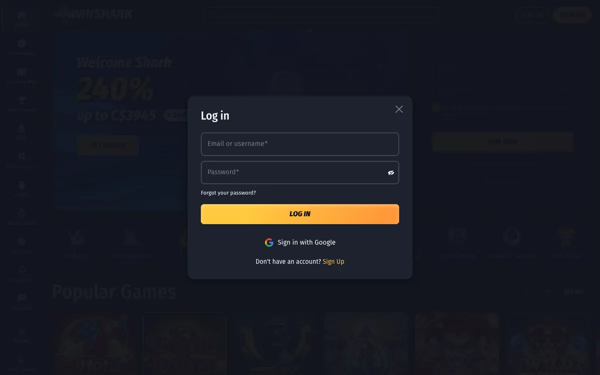 Winshark Casino — Sign-up, captured from Canada
