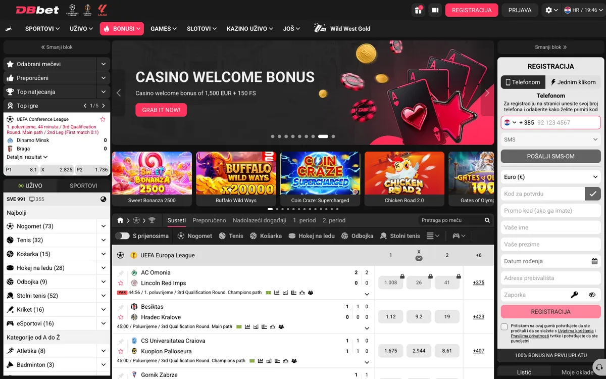 DBbet Casino — Home page, captured from Croatia