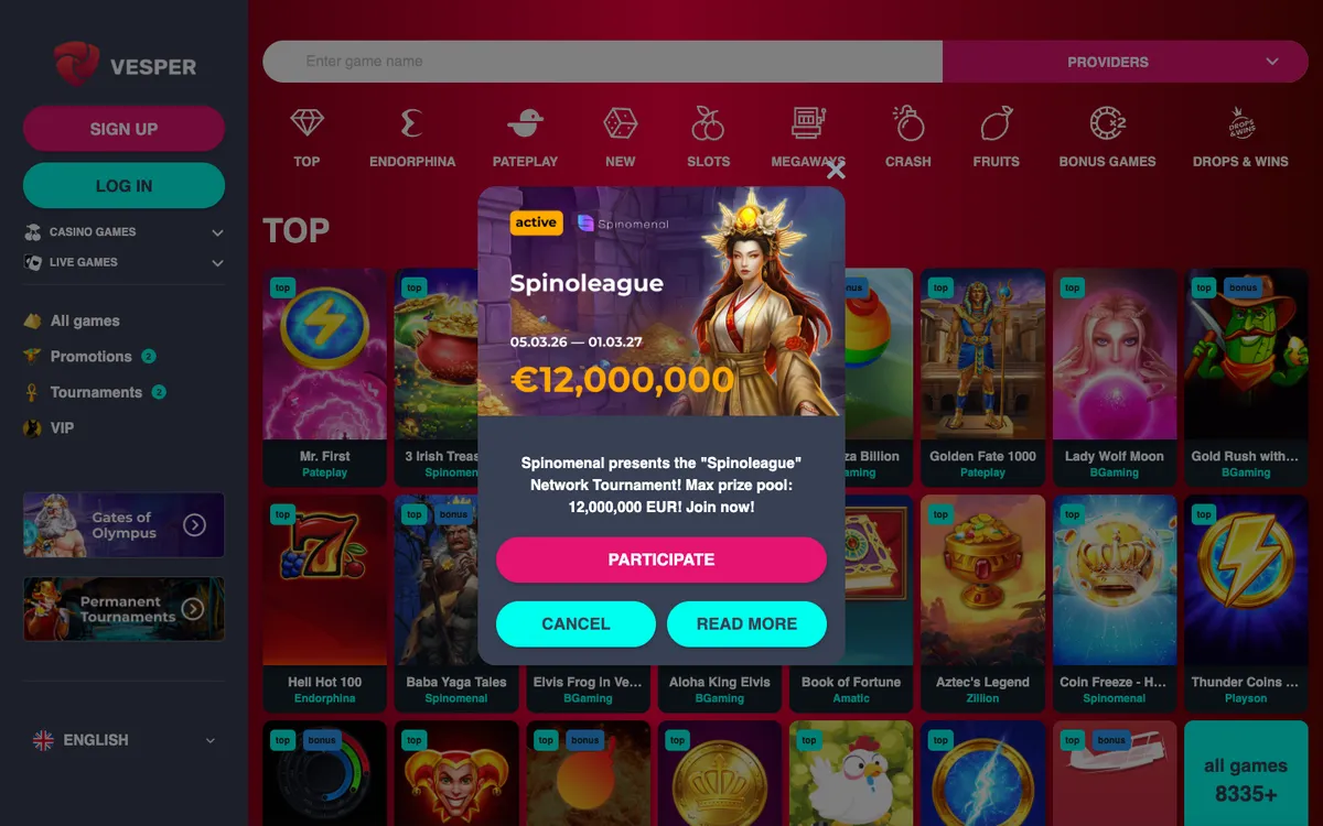 Vesper Casino — Home page, captured from Switzerland