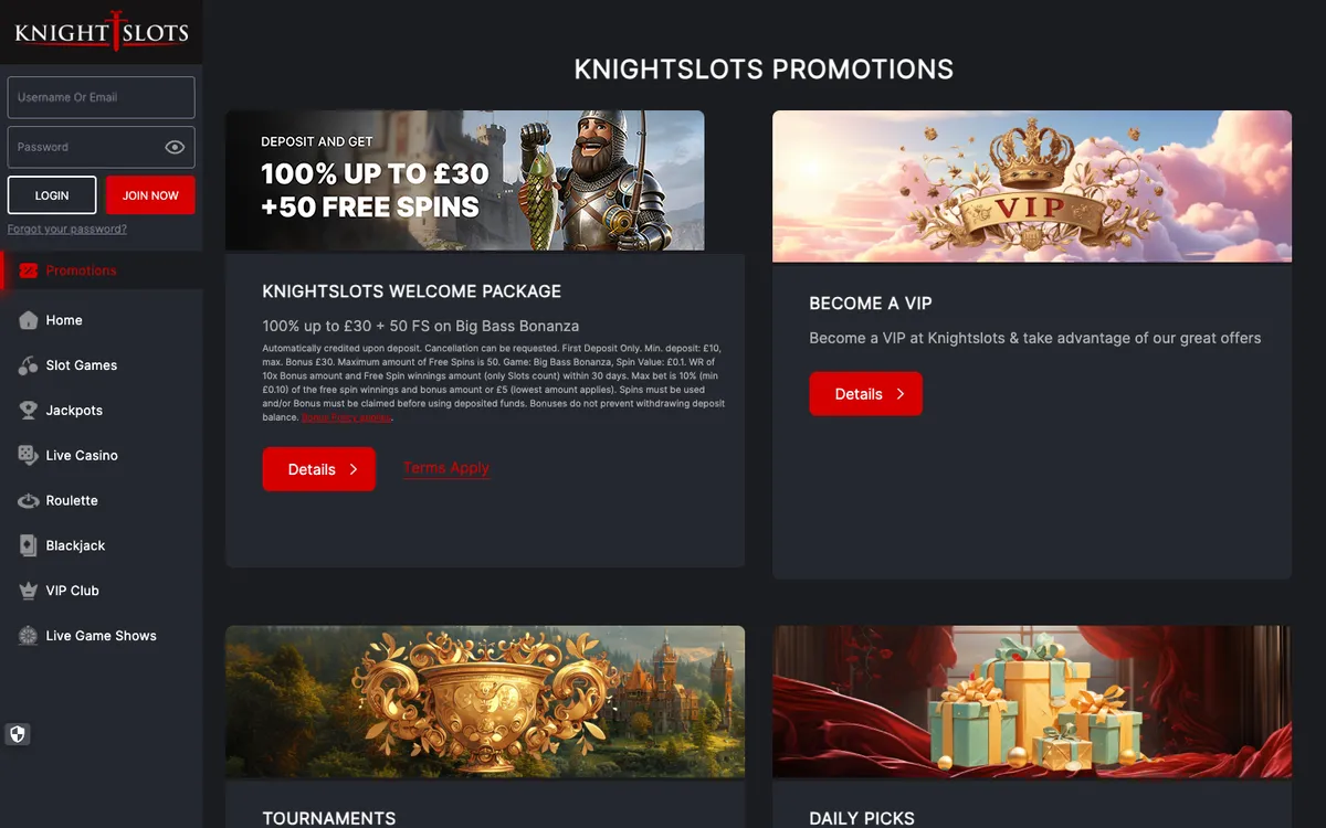 Knightslots Casino — Promotions, captured from United Kingdom
