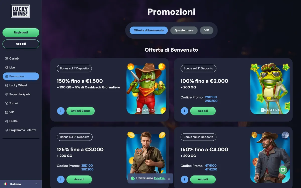 LuckyWins Casino — Promotions, captured from Italy