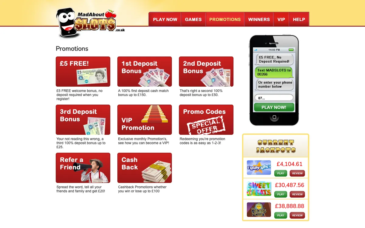 Mad About Slots Casino — Promotions, captured from United Kingdom