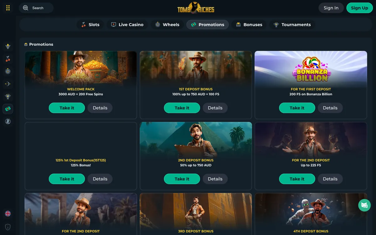 Tomb Riches Casino — Promotions, captured from Australia