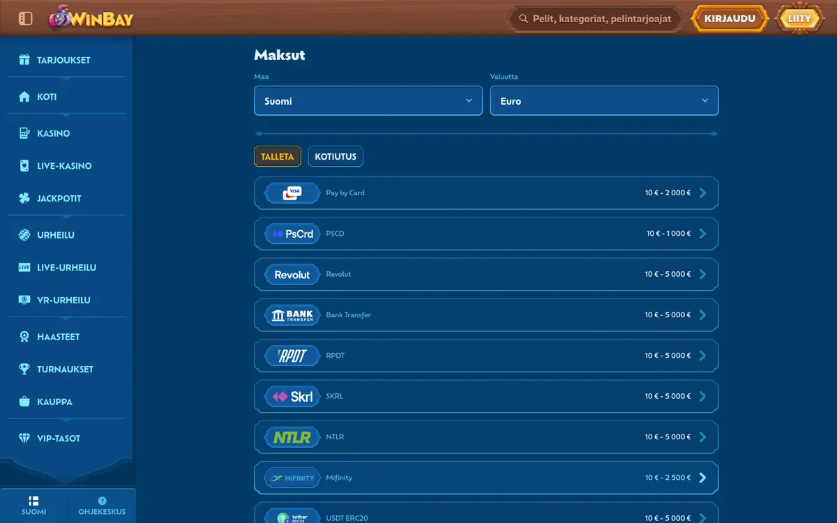 Winbay Casino — Payments, captured from Finland