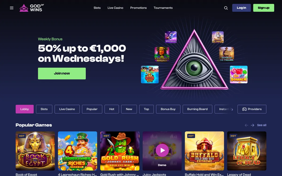 God of Wins Casino — Home page, captured from Canada