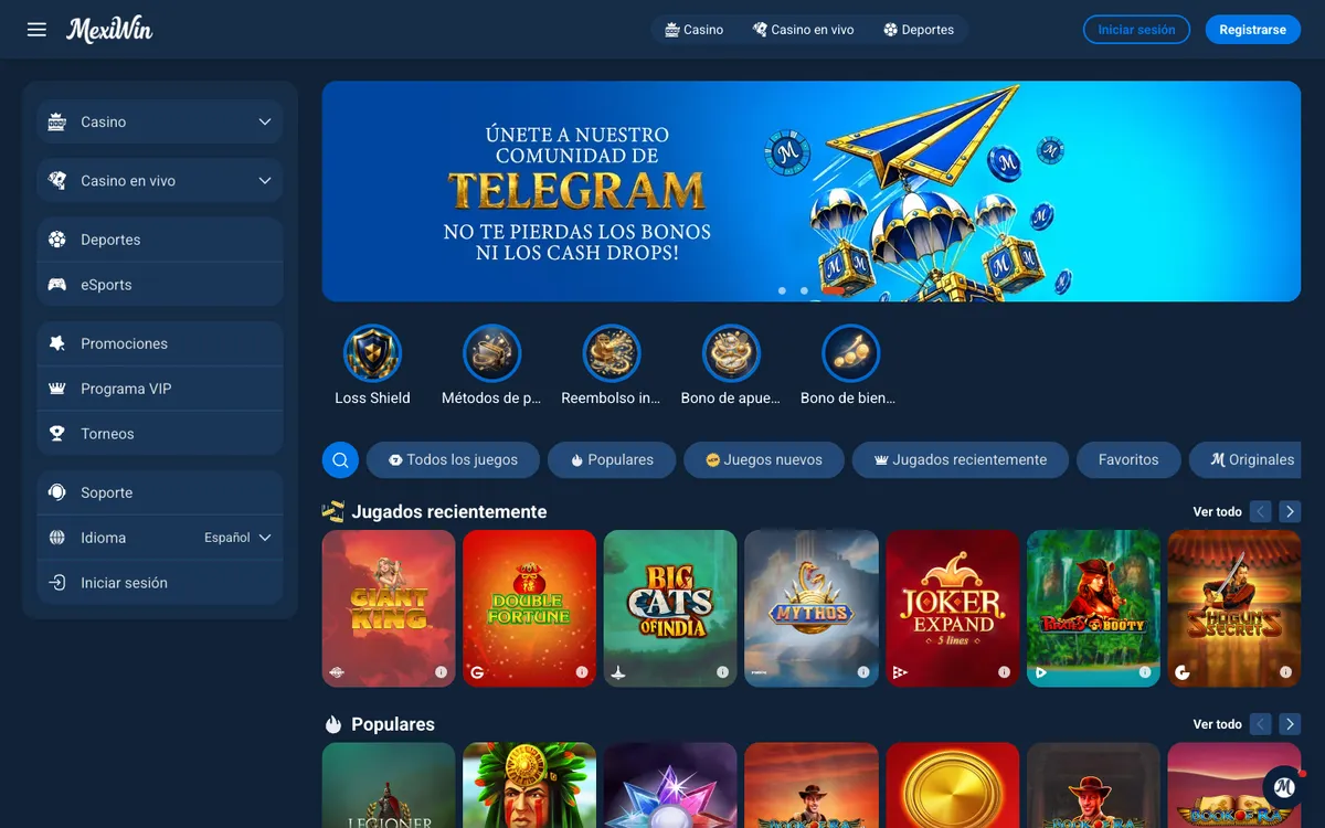 MexiWin Casino — Home page, captured from Spain