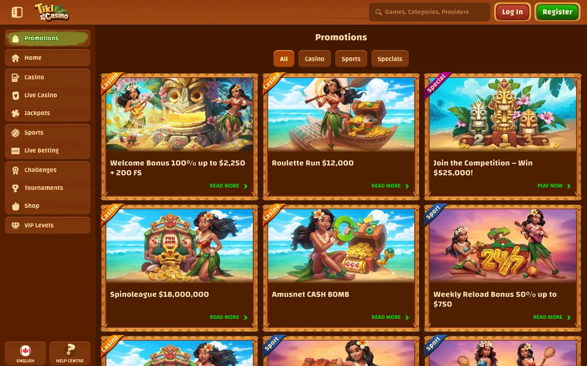 Tiki Casino — Promotions, captured from Canada