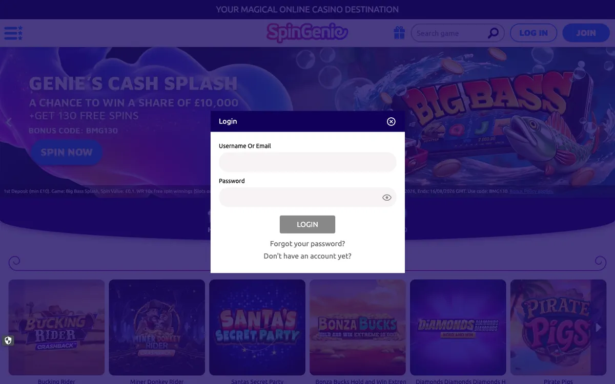 Spin Genie Casino — Sign-up, captured from Belgium