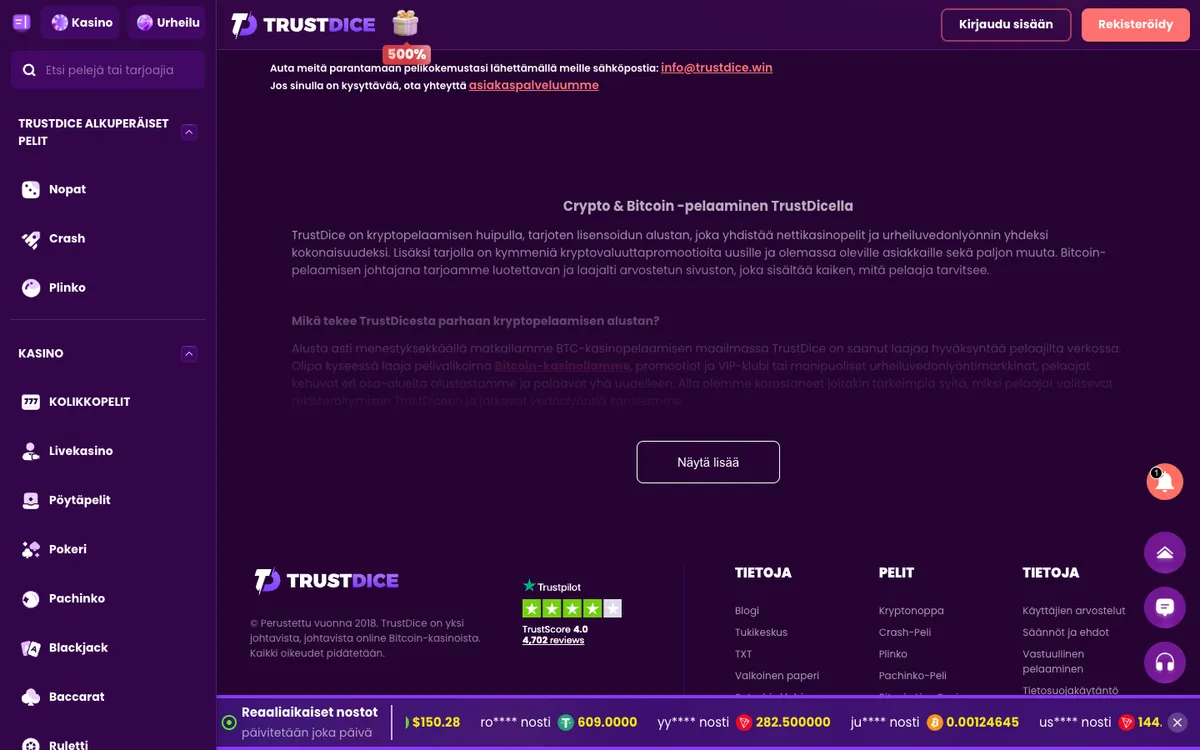TrustDice Casino — Home page, captured from Finland