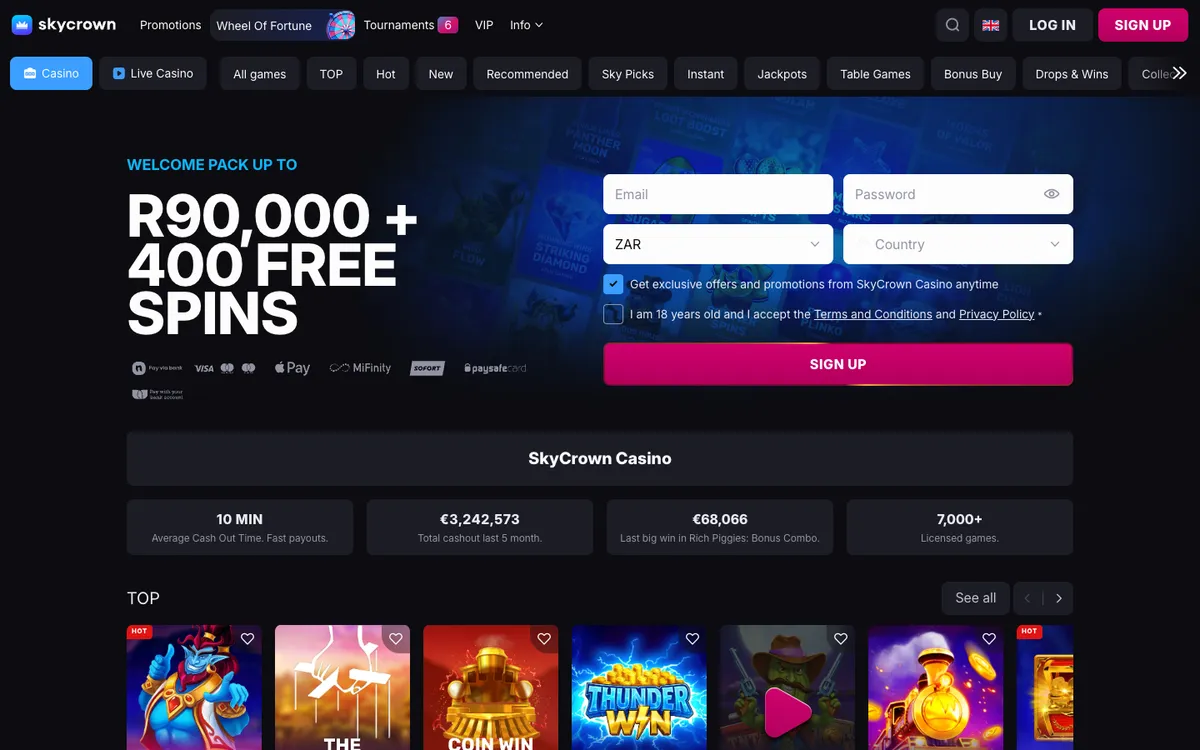 Skycrown Casino — Home page, captured from South Africa