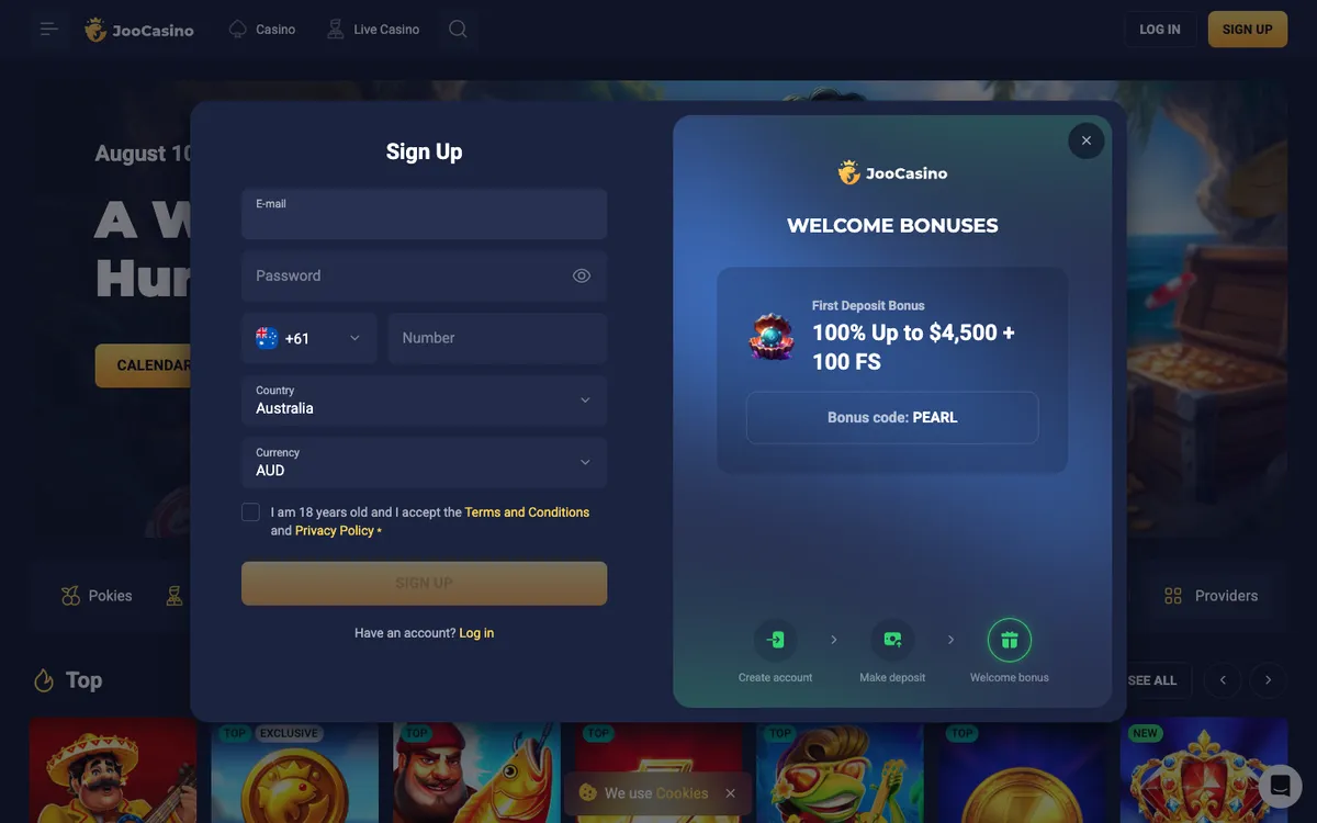 Joo Casino — «Регистрация», снято из страны Австралия