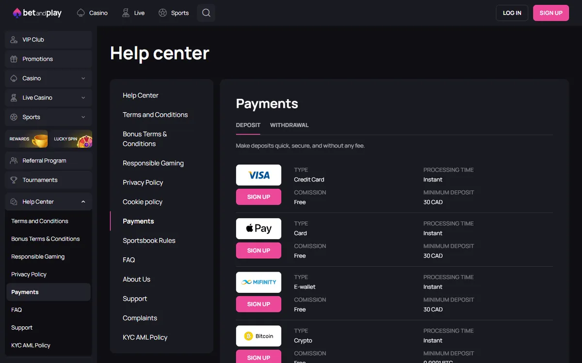 Betandplay Casino — Payments, captured from Canada