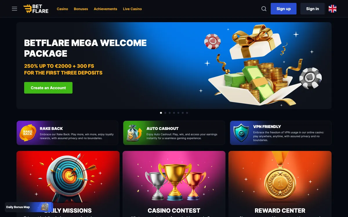 Betflare Casino — Home page, captured from France