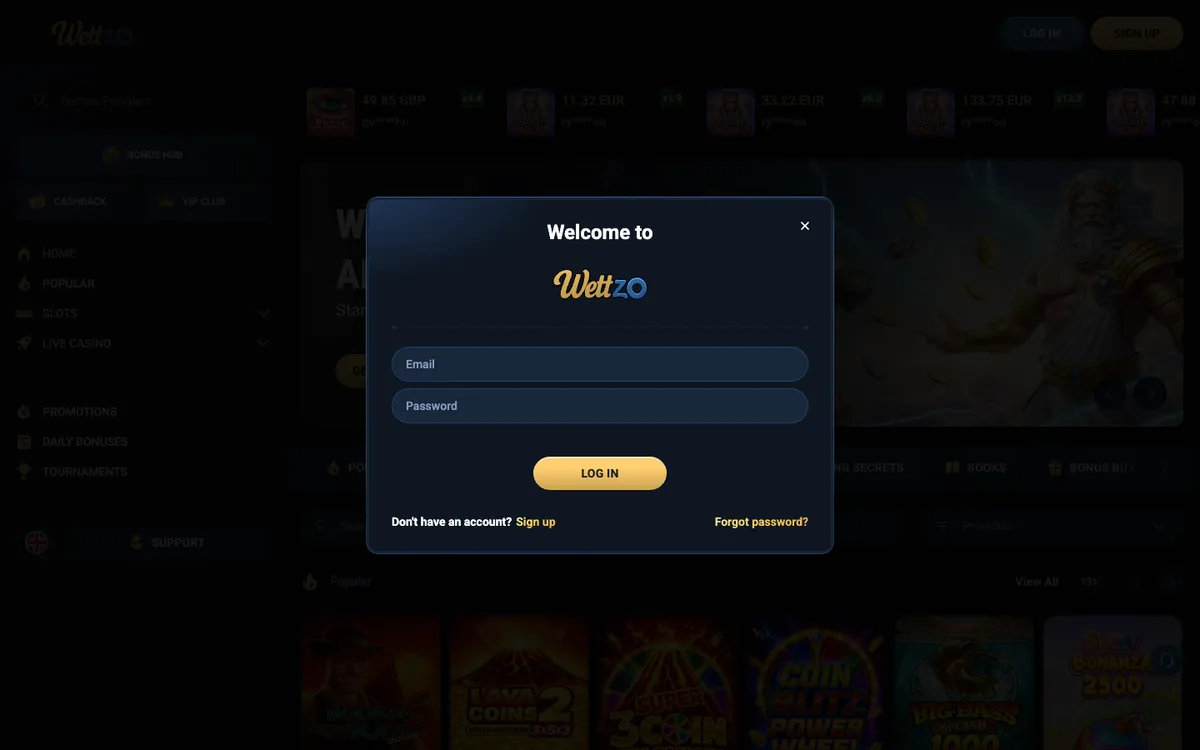 Wettzo Casino — Sign-up, captured from Switzerland