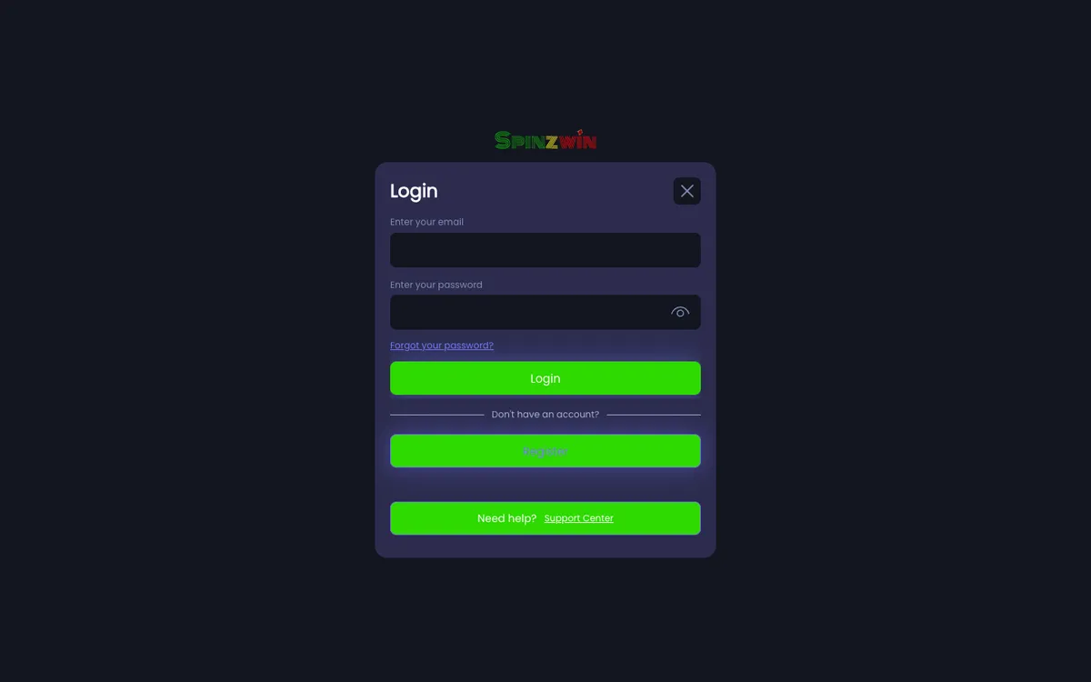 Spinzwin Casino — Sign-up, captured from Canada