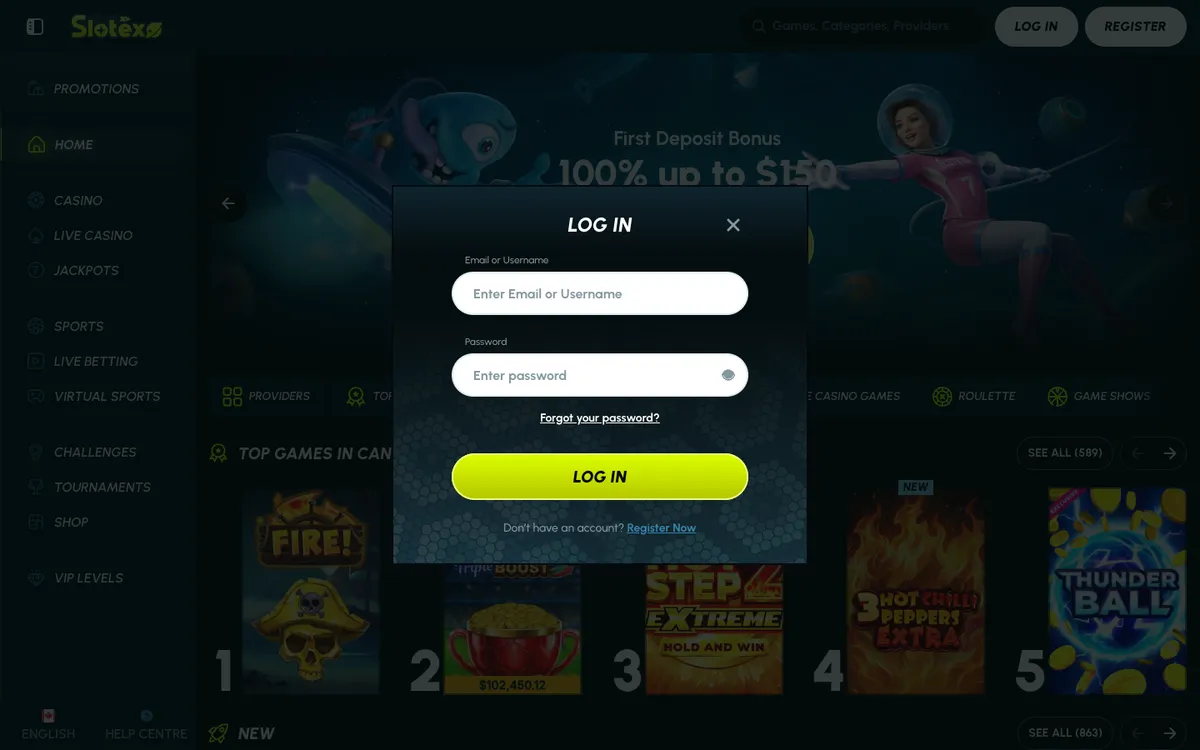 Slotexo Casino — Sign-up, captured from Canada