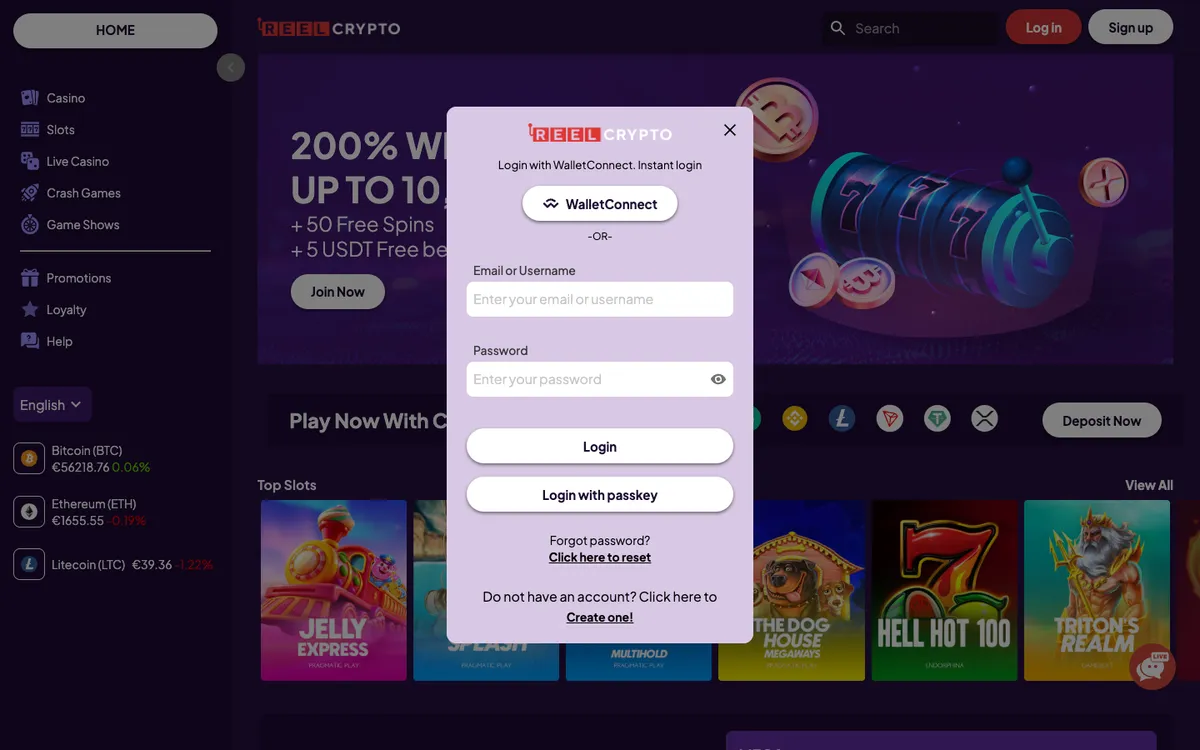 Reel Crypto Casino — «Регистрация», снято из страны Германия