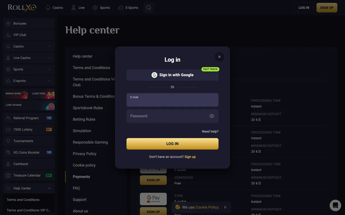 RollXO Casino — Sign-up, captured from Canada